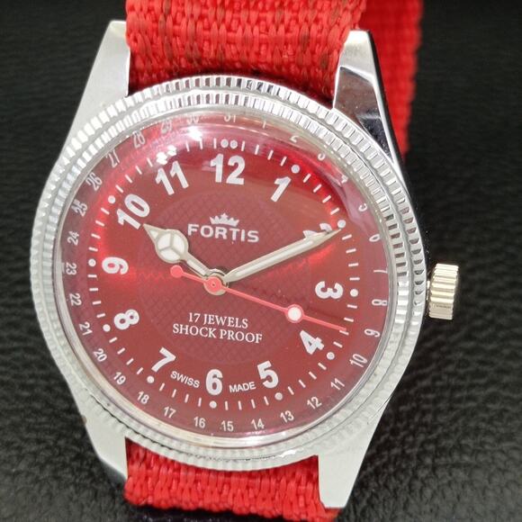 Vintage 1982 Fortis Manual Mens Silver Watch W/Nato Strap & Red accents - Picture 3 of 9